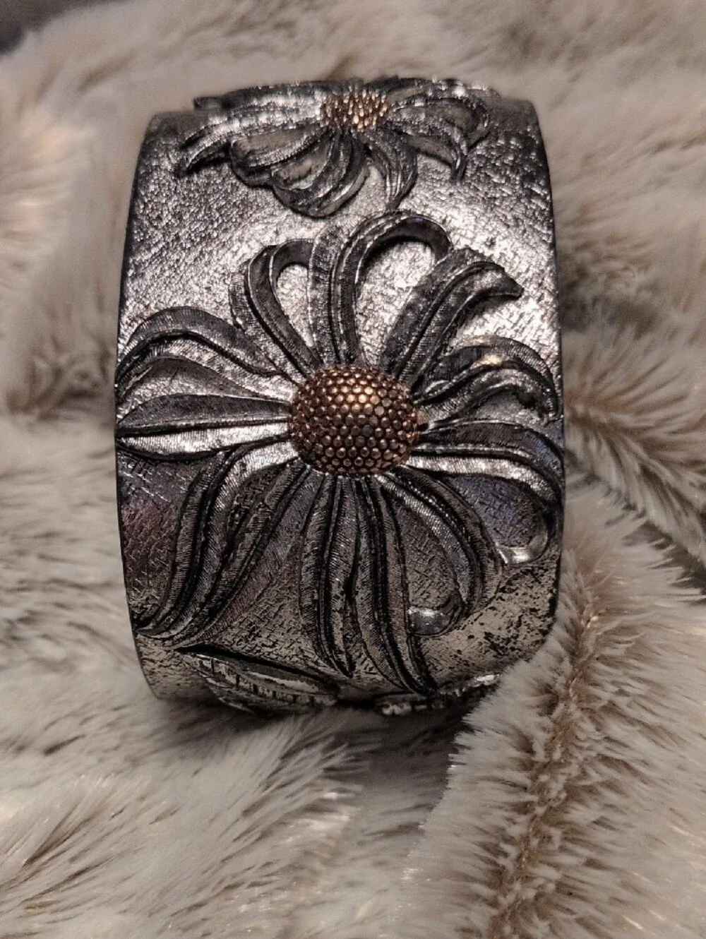 Heavy Vintage Mixed Metal Wide Daisy Flower Statement Cuff Bracelet